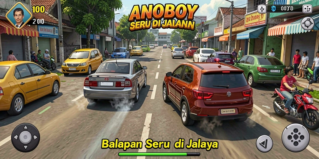 Gameplay seru dengan mobil balap dalam ANOBOY.