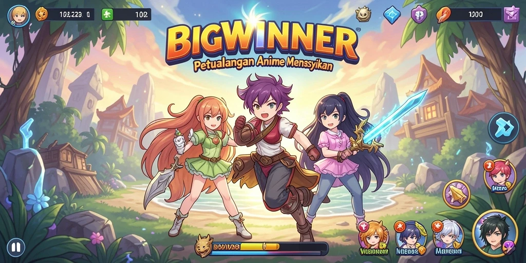 Tampilan gameplay BIGWINNER yang penuh aksi dan karakter anime yang menarik.