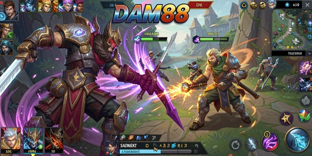 Screenshot gameplay yang penuh aksi dalam permainan MOBA.
