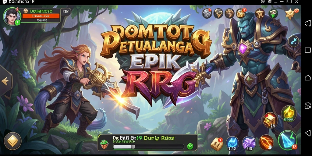 Screenshot DOMTOTO menampilkan karakter bertarung di medan perang RPG.