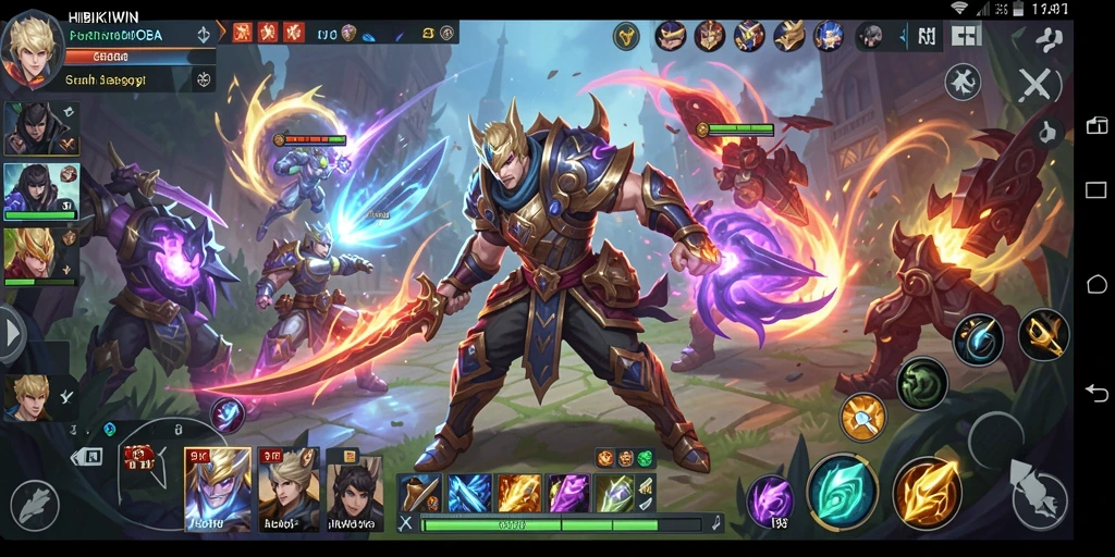 Tangkapan layar permainan HIBIKIWIN dengan pertarungan seru di arena MOBA.