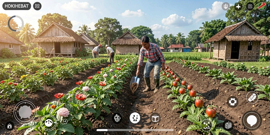 Tampilan gameplay seru HOKIHEBAT dengan ladang yang subur dan penuh warna.