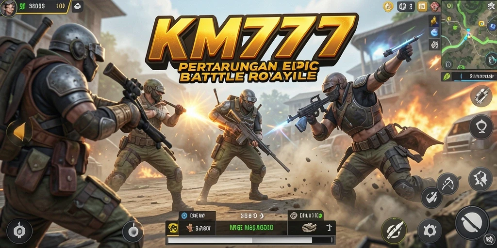 Tangkapan layar utama KM777 menunjukkan aksi pertarungan Battle Royale yang mendebarkan.