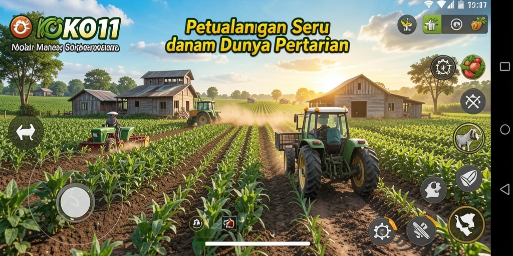 Tangkapan layar gameplay KOKO11 yang menampilkan ladang yang subur.