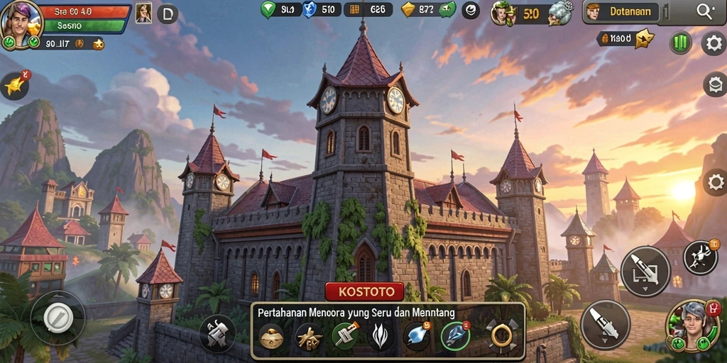 Tampilan gameplay KOSTOTO dengan menara yang kuat berjuang melawan gelombang musuh.