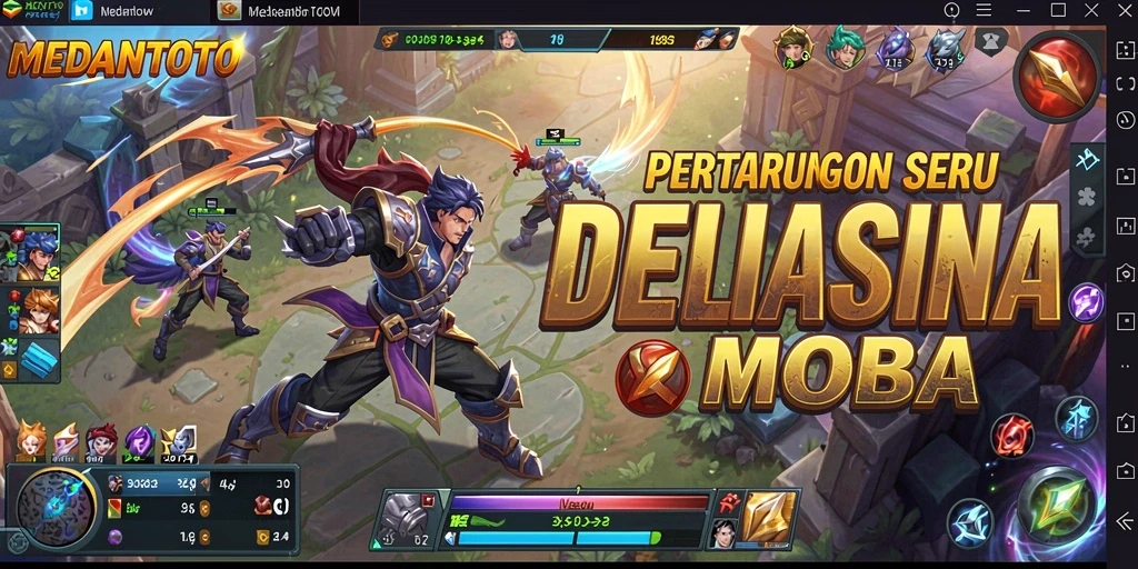 Screenshot MEDANTOTO menampilkan pertarungan MOBA yang intens dan mendebarkan.