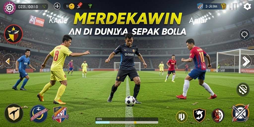 Screenshot gameplay <strong>MERDEKAWIN</strong> menampilkan aksi seru di lapangan sepak bola.