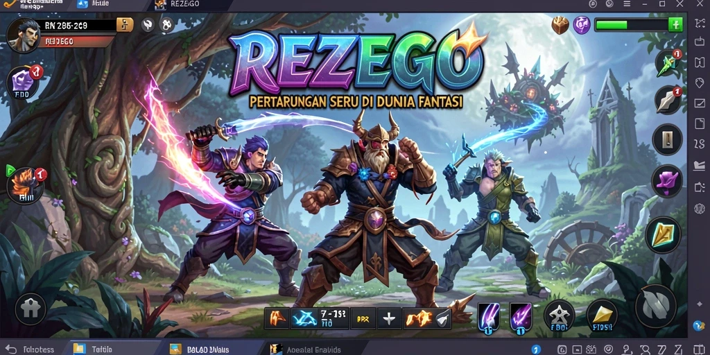 Tampilan gameplay pertarungan mendebarkan di REZEGO dengan karakter yang beraksi.