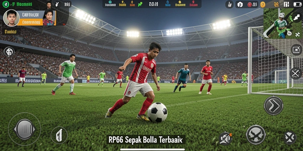 Screenshot utama RP66 menampilkan aksi seru di lapangan sepak bola.