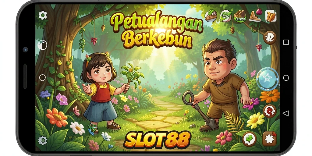 Tampilan gameplay SLOT88 dengan kebun yang indah dan tanaman beragam.