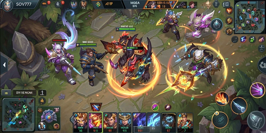 Gambar utama SOV777 menampilkan aksi seru dalam pertempuran MOBA.